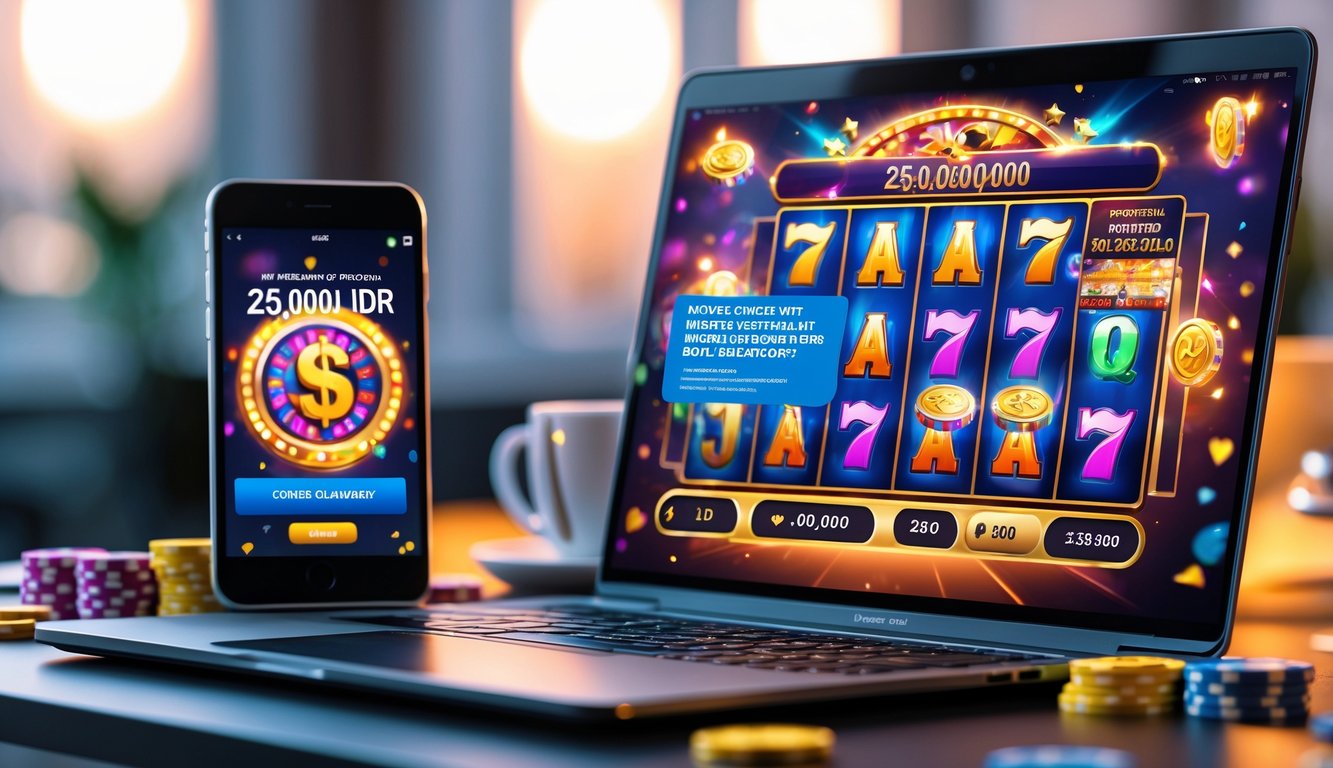 Seorang pengguna duduk di depan laptop dan smartphone yang menampilkan permainan slot online dengan suasana nyaman dan pencahayaan hangat.