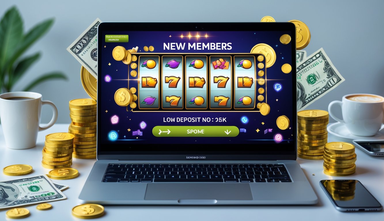 Seorang pengguna duduk di depan komputer dengan permainan slot online berwarna-warni di layar, dikelilingi oleh koin emas dan uang kertas sebagai simbol bonus dan cashback.