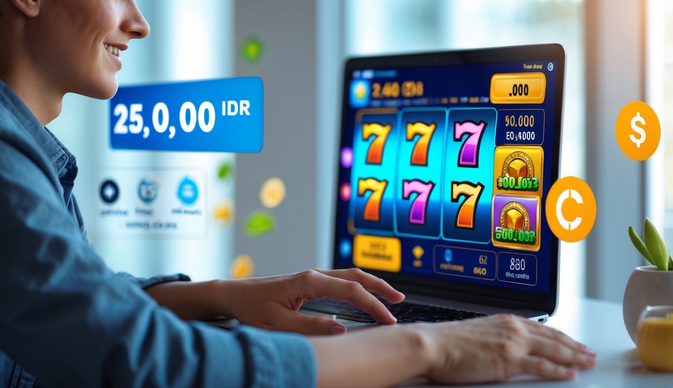 Seorang dewasa muda menggunakan laptop dengan tampilan permainan slot online yang berwarna-warni dan elemen yang menunjukkan transaksi keuangan cepat dan terpercaya.