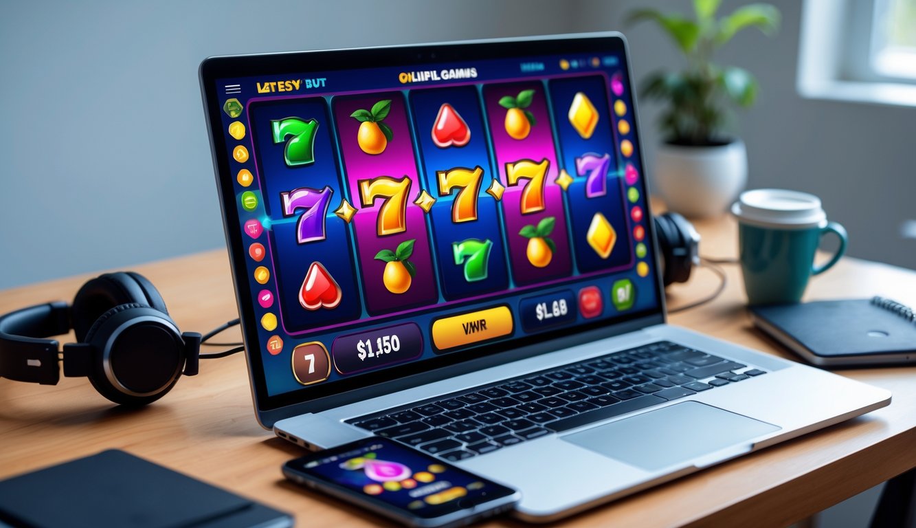Seorang pemain menggunakan laptop dan ponsel untuk bermain game slot online di meja kerja yang rapi dengan cangkir kopi dan alat tulis di sekitarnya.