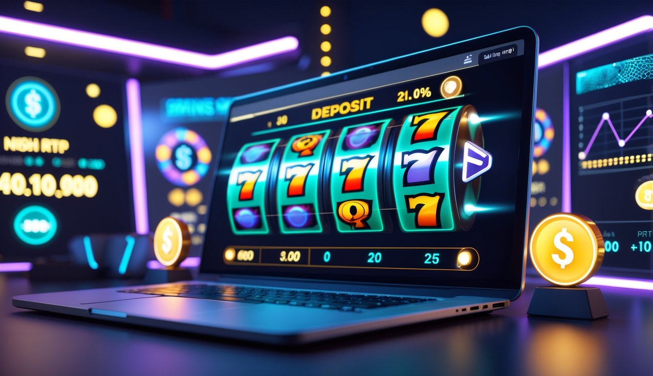 Layar komputer menampilkan permainan slot online terbaru dengan antarmuka digital yang modern dan warna-warna cerah.