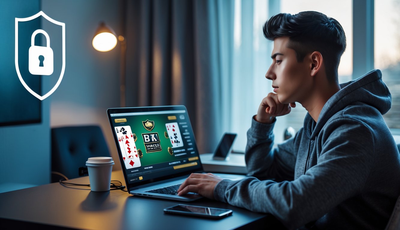 Seorang dewasa muda duduk di meja dengan laptop, bermain poker online dengan ekspresi fokus di ruangan yang nyaman dan terang.