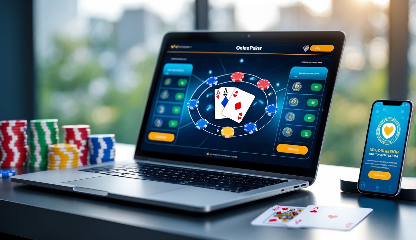 Meja kerja dengan laptop yang menampilkan permainan poker online, dikelilingi oleh chip poker dan kartu, serta ponsel yang menunjukkan transaksi online yang aman.