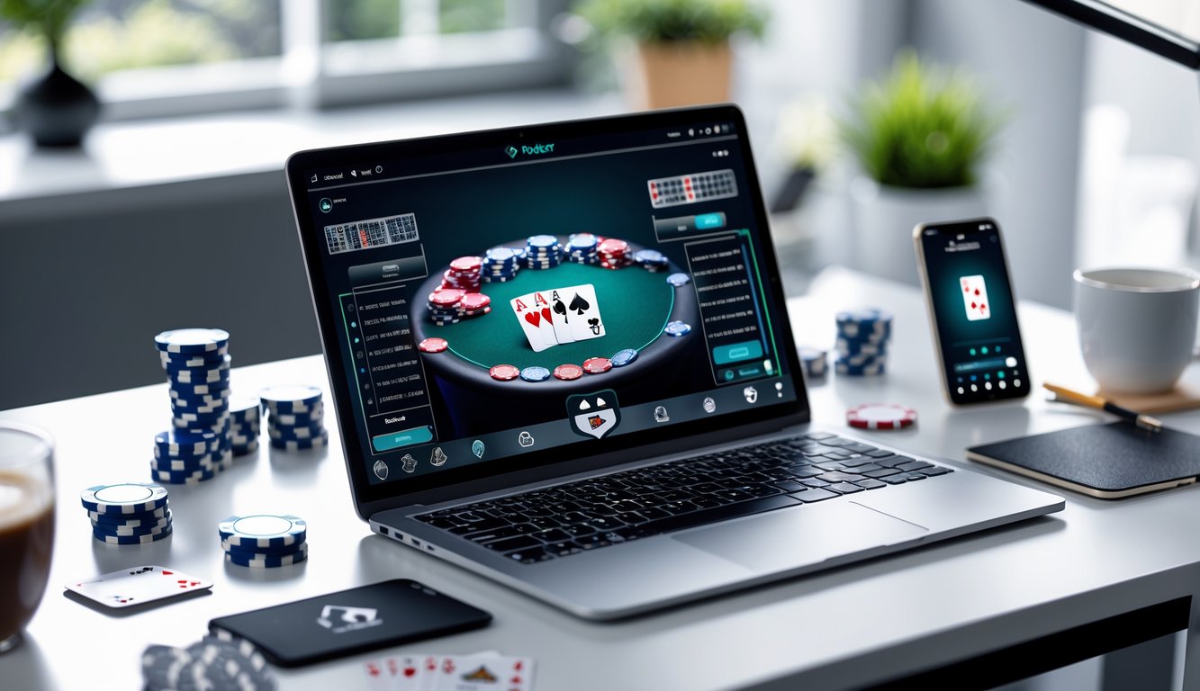 Meja dengan laptop menampilkan permainan poker online, chip poker, kartu bermain, dan smartphone di sekitar meja.