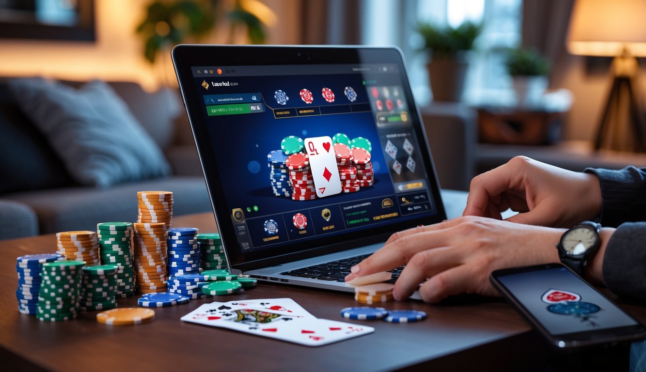 Seseorang sedang bermain poker online menggunakan laptop dengan chip dan kartu poker di meja.