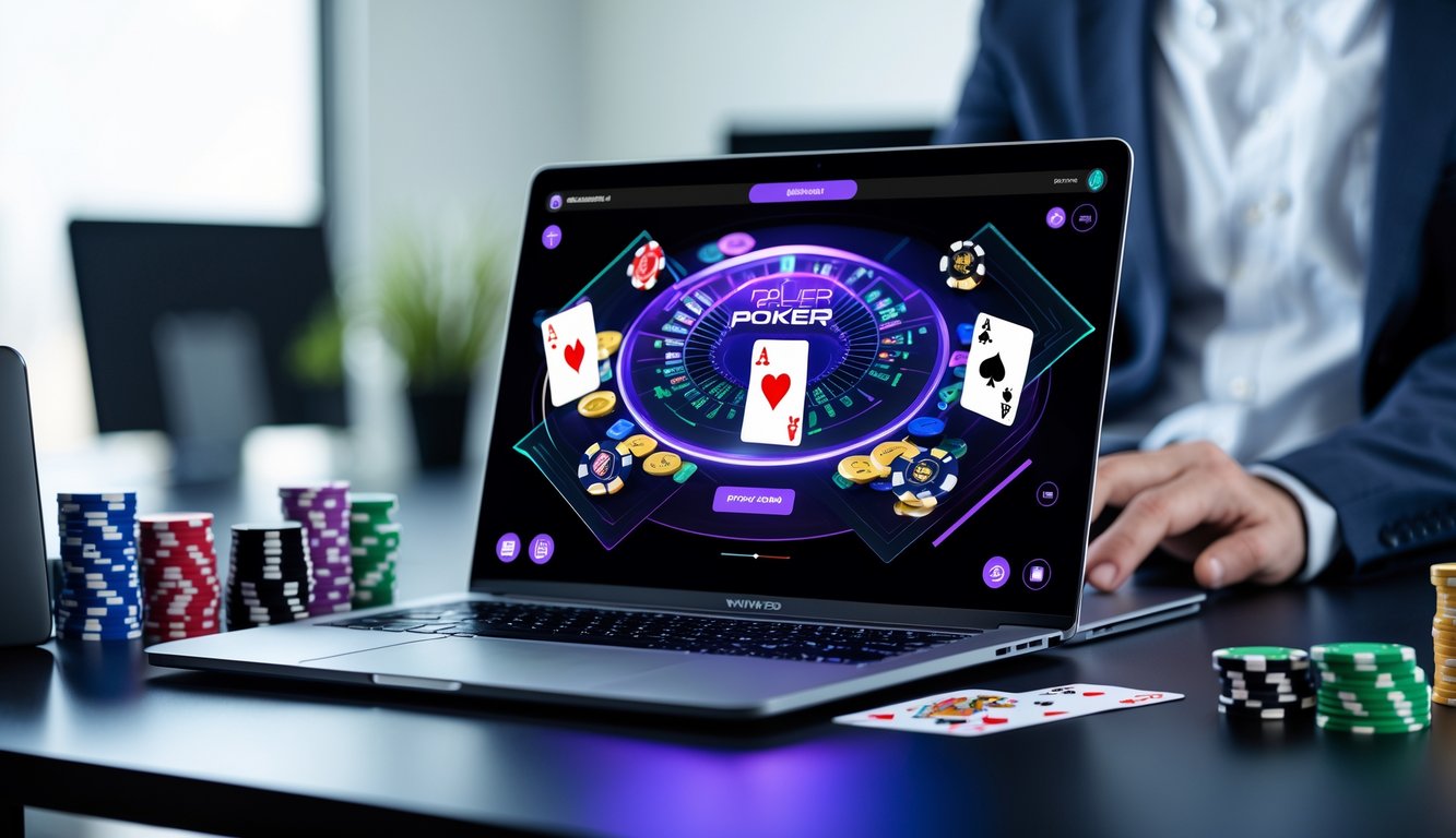 Seseorang menggunakan komputer dengan tampilan permainan poker online dan tumpukan chip poker di meja.
