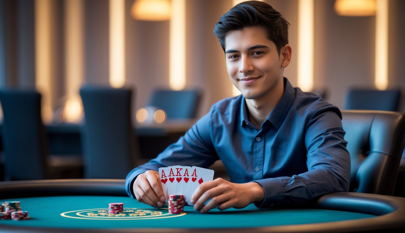 Seorang dewasa muda duduk di meja poker modern dengan kartu dan tumpukan chip poker di depan, terlihat fokus dan tersenyum kecil di ruangan yang terang dan nyaman.