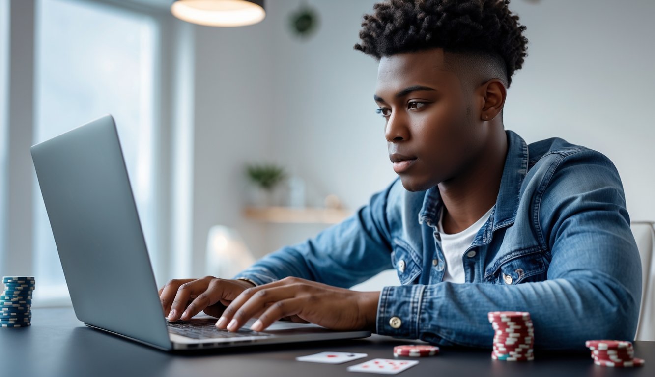 Seorang dewasa muda yang percaya diri bermain poker online di laptop di ruangan modern dengan pencahayaan terang.