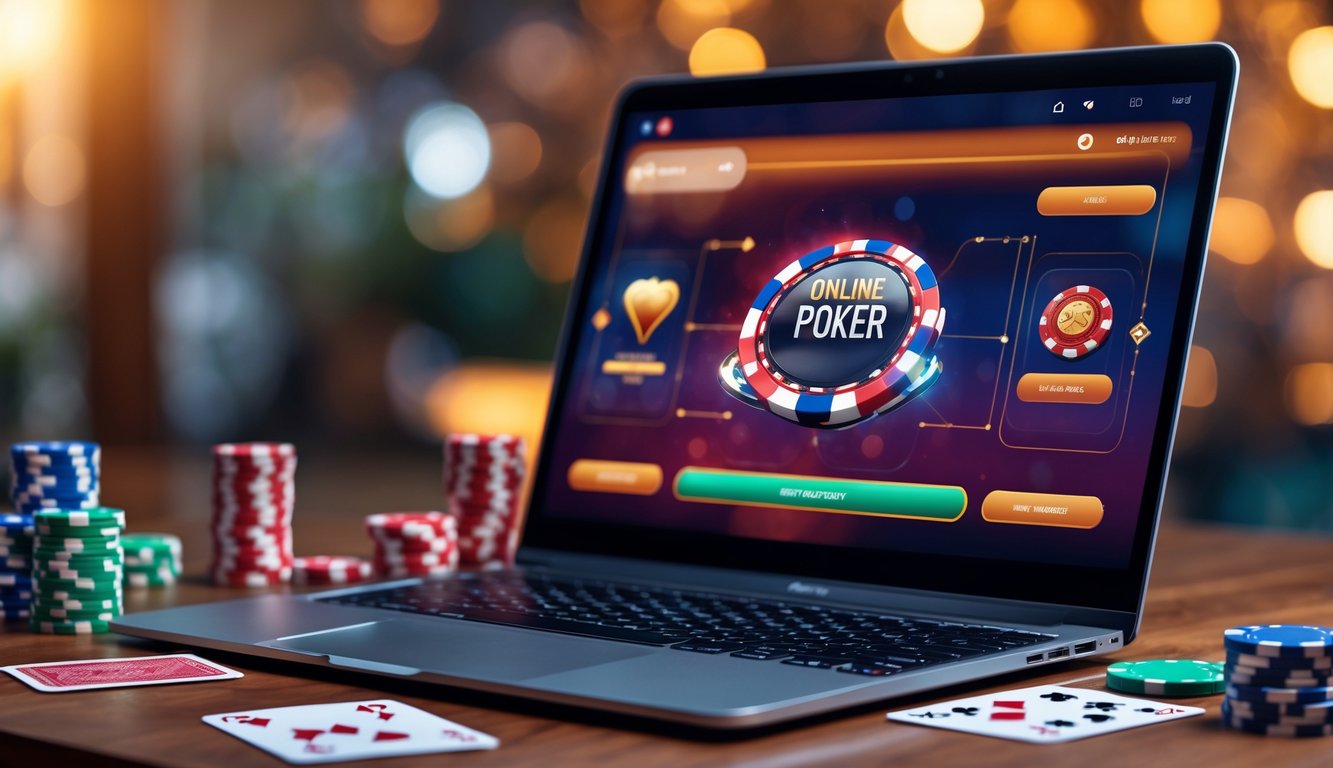 Seorang pemain duduk di depan laptop yang menampilkan permainan poker online, dengan chip dan kartu poker di sekitar meja.