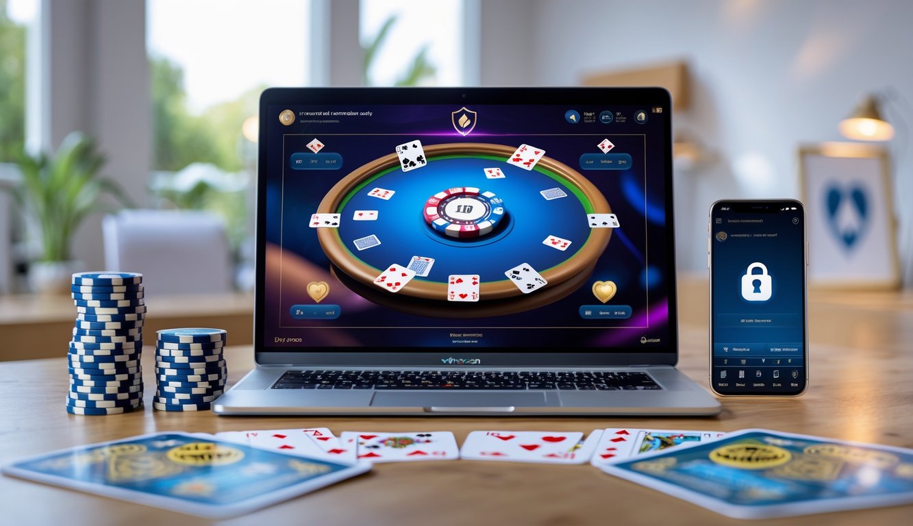 Sebuah meja kerja modern dengan komputer menampilkan permainan poker online, dikelilingi oleh tumpukan chip poker dan kartu bermain.