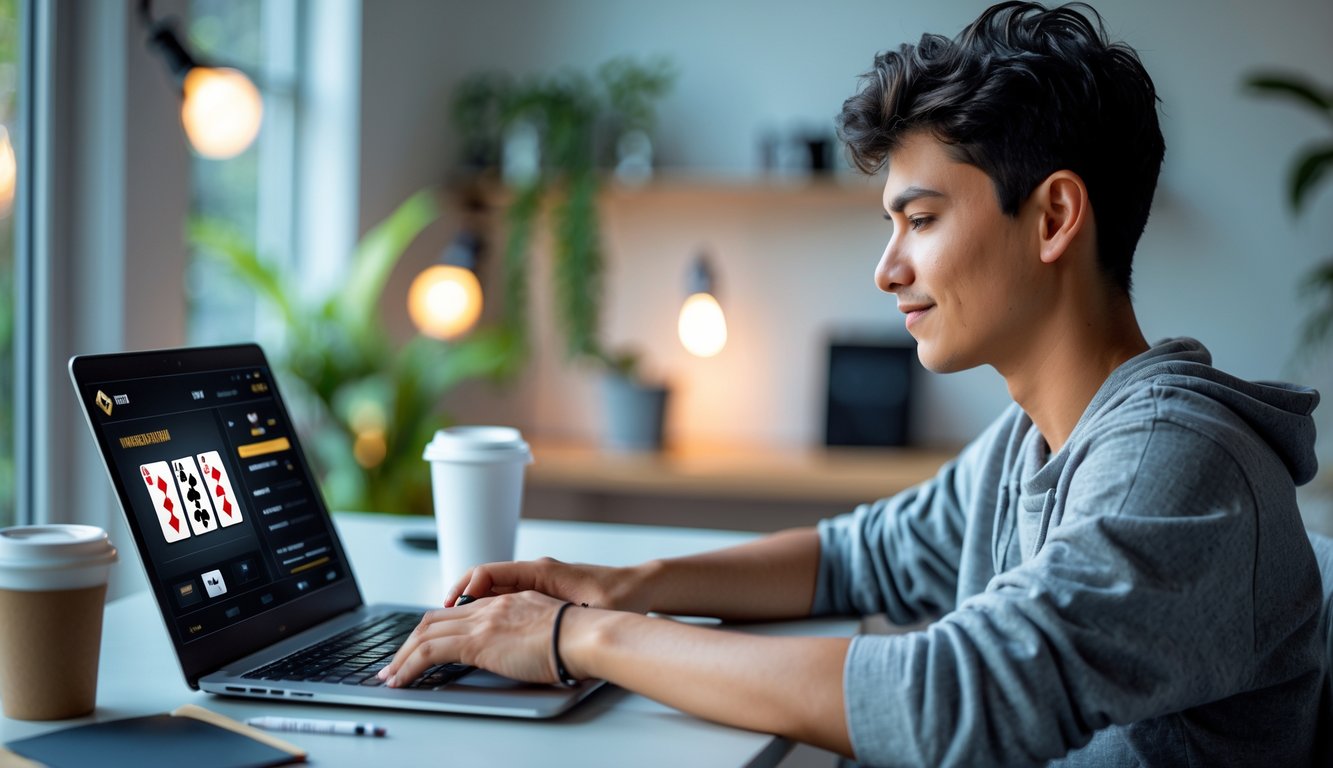 Seorang dewasa muda yang fokus bermain poker online di laptop di ruang kerja yang rapi dan nyaman.