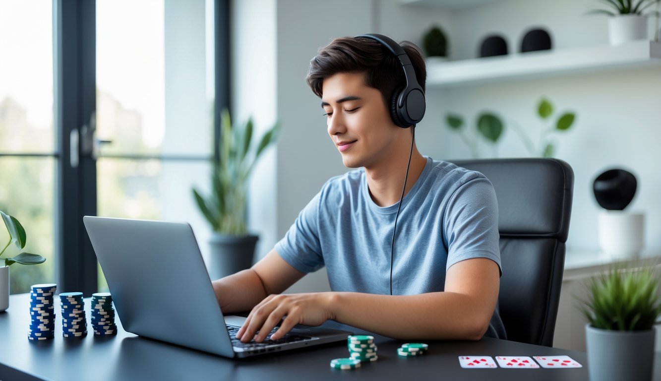 Seorang dewasa muda duduk di depan laptop bermain poker online dengan suasana ruangan yang rapi dan terang.