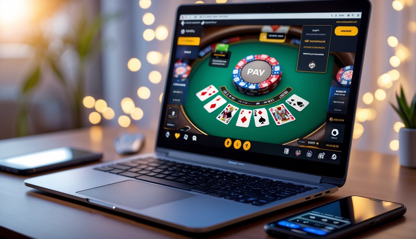 Seorang pengguna sedang bermain poker online di laptop dengan tampilan aplikasi pembayaran digital di ponsel di meja kerja yang rapi.