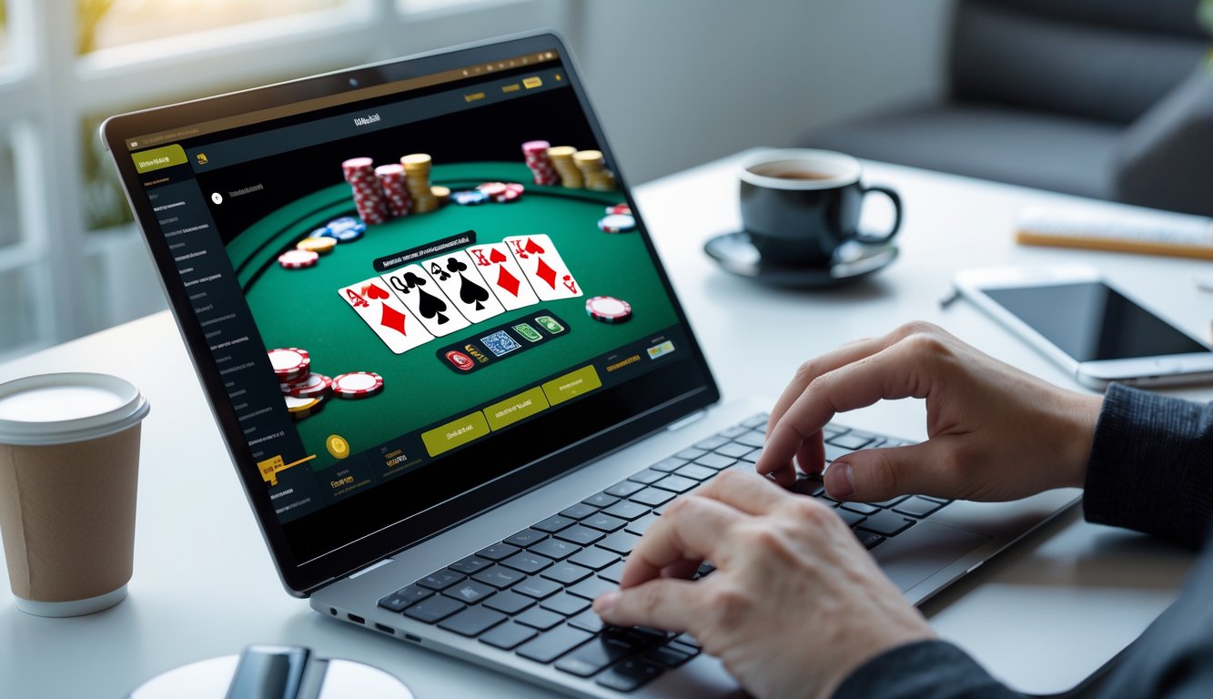 Seseorang bermain poker online menggunakan laptop di meja kerja dengan kartu dan chip terlihat di layar.