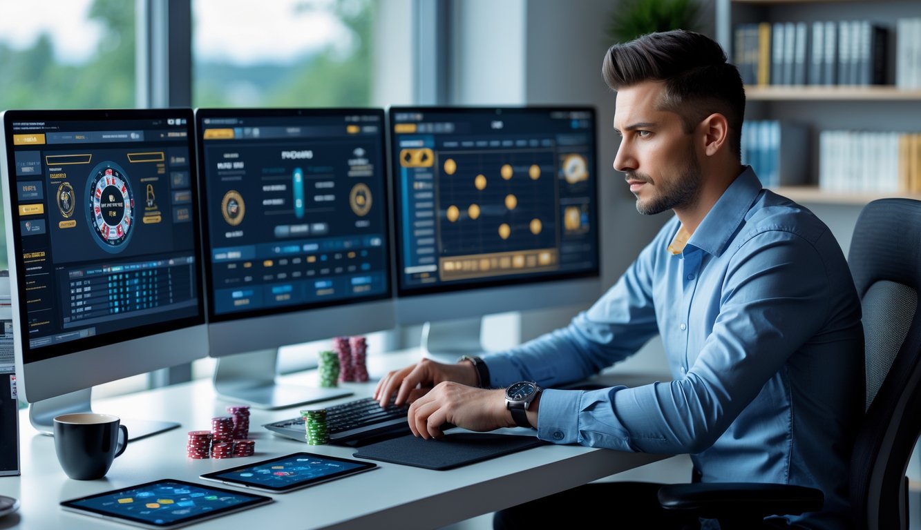 Seorang pria fokus duduk di depan komputer dengan tampilan permainan poker online dan chip poker di meja.