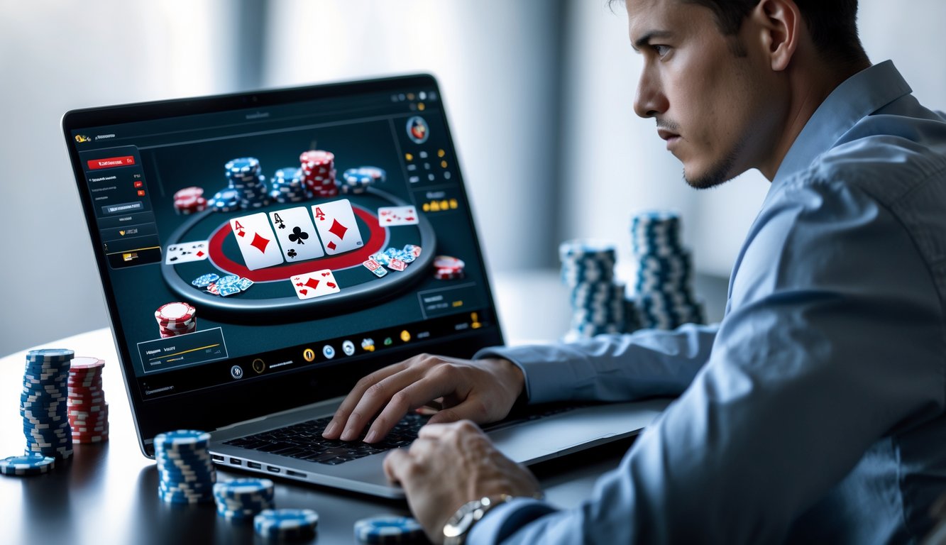 Seorang pemain poker profesional sedang fokus bermain poker online di depan laptop dengan tumpukan chip poker di sampingnya.