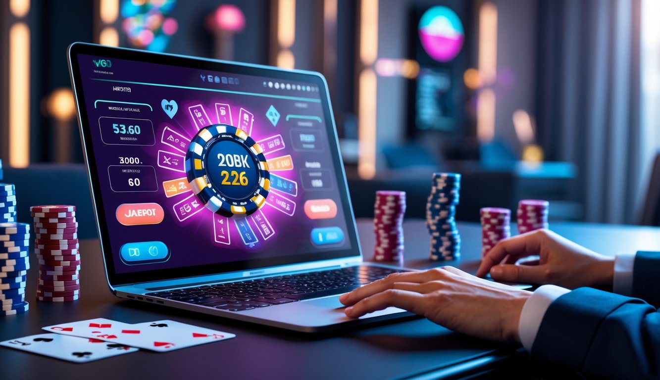 Seseorang bermain poker online di depan komputer dengan kartu dan tumpukan chip poker di meja, menampilkan suasana permainan yang modern dan menarik.