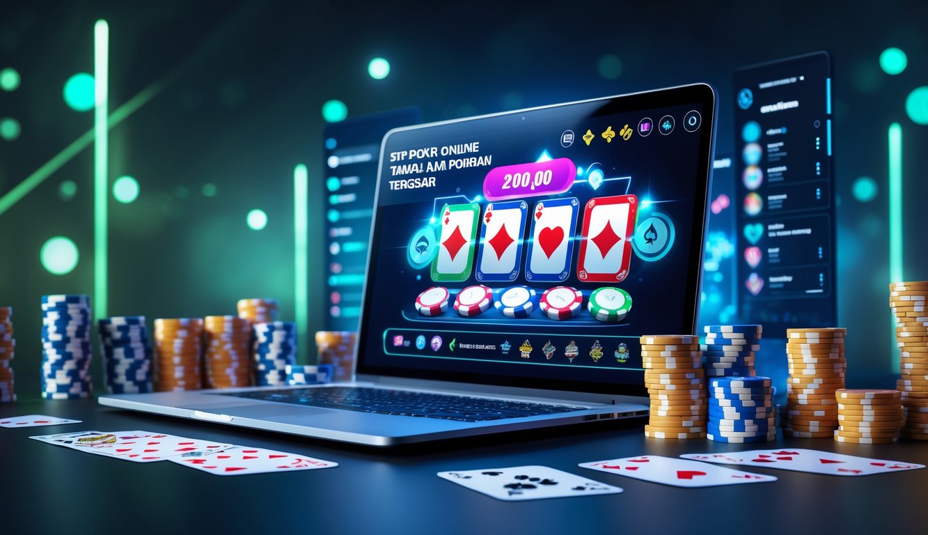 Sebuah layar komputer menampilkan permainan poker online dengan tumpukan chip dan kartu di sekitarnya dalam suasana ruangan bermain yang modern dan terang.