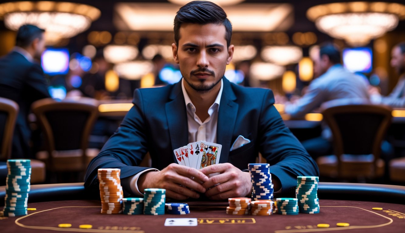Seorang pemain poker berpengalaman duduk di meja poker dengan kartu dan tumpukan chip, fokus bermain dalam suasana kasino.