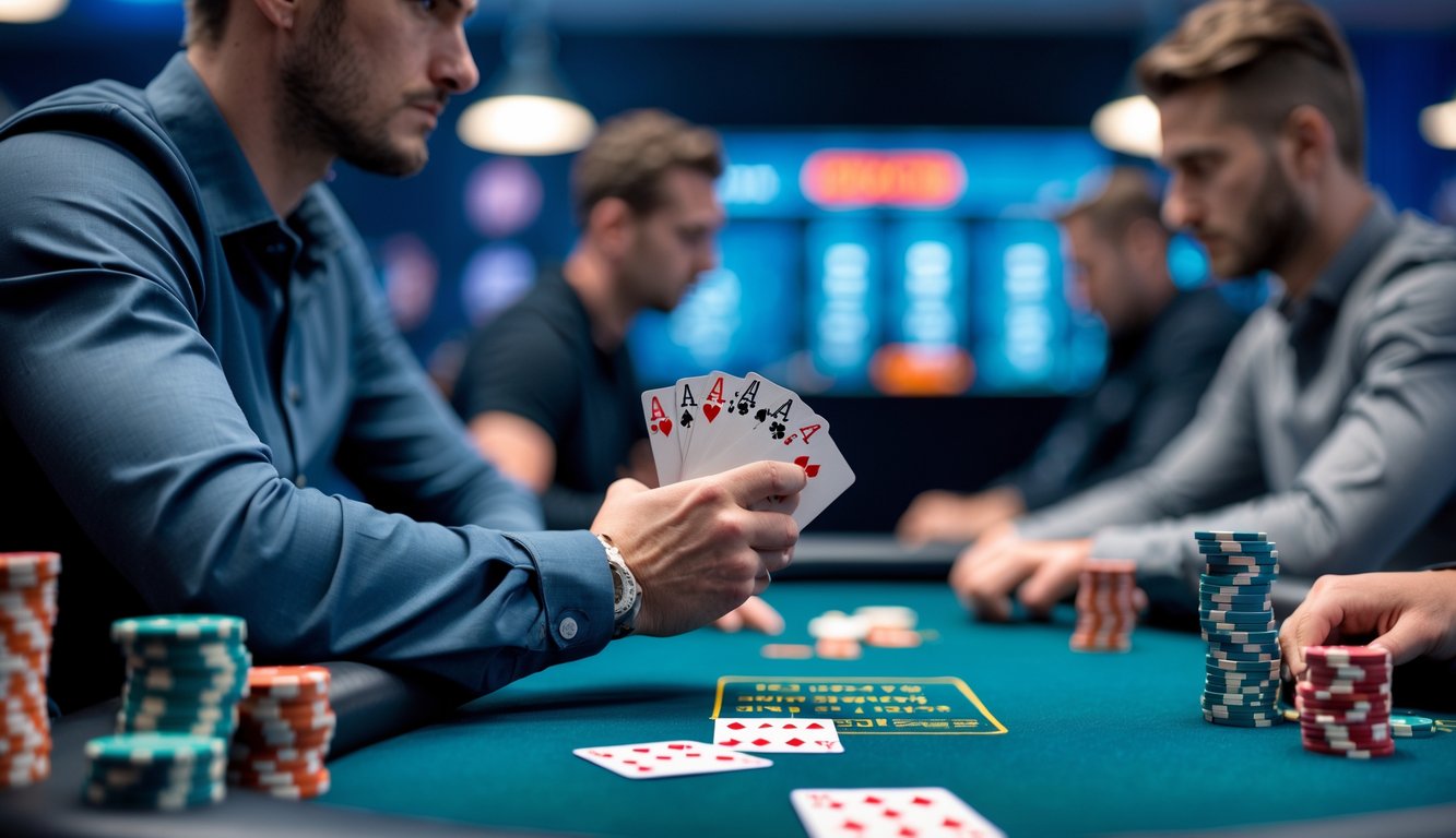 Seorang pemain poker berpengalaman duduk di meja poker dengan kartu dan tumpukan chip, tampak fokus dan serius.