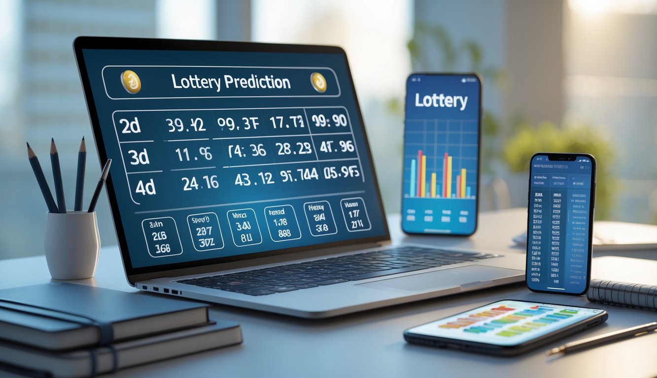 Meja kerja dengan laptop menampilkan data angka dan grafik, dikelilingi oleh buku catatan dan ponsel, suasana tenang dan fokus.