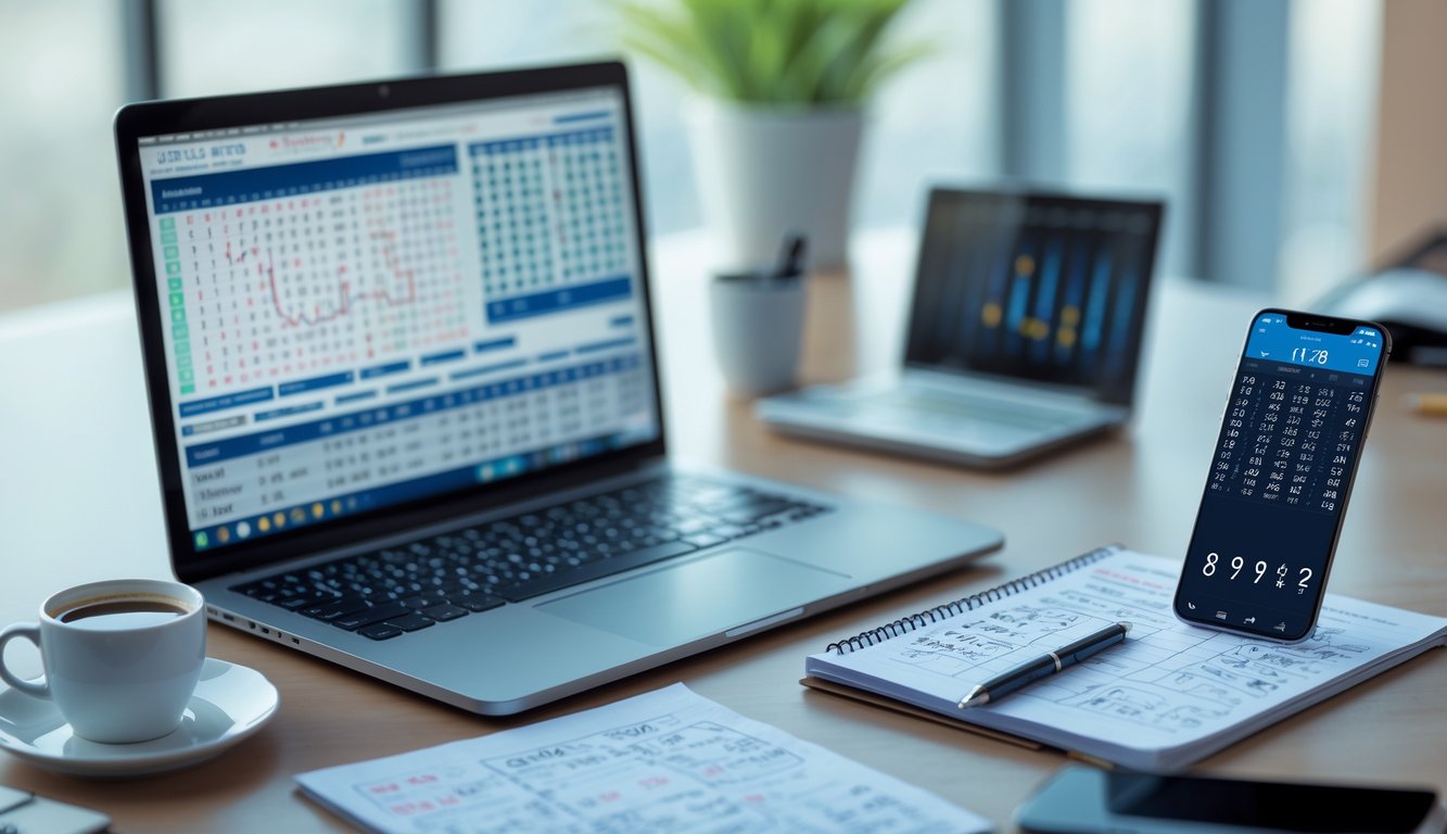 Meja kerja dengan laptop, smartphone, dan catatan di ruang kantor yang tenang.