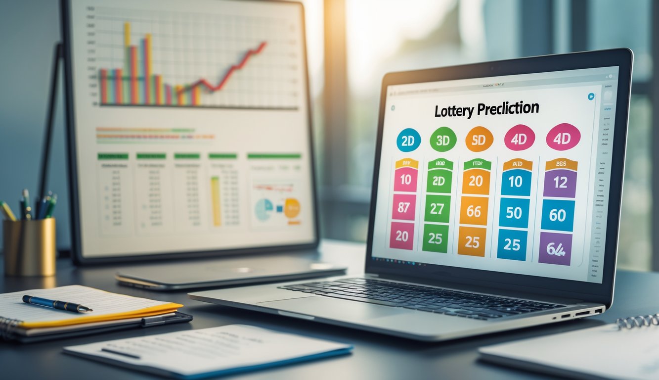 Meja kerja dengan laptop menampilkan grafik dan angka prediksi togel, buku catatan dengan tulisan tangan, dan pena di sampingnya.