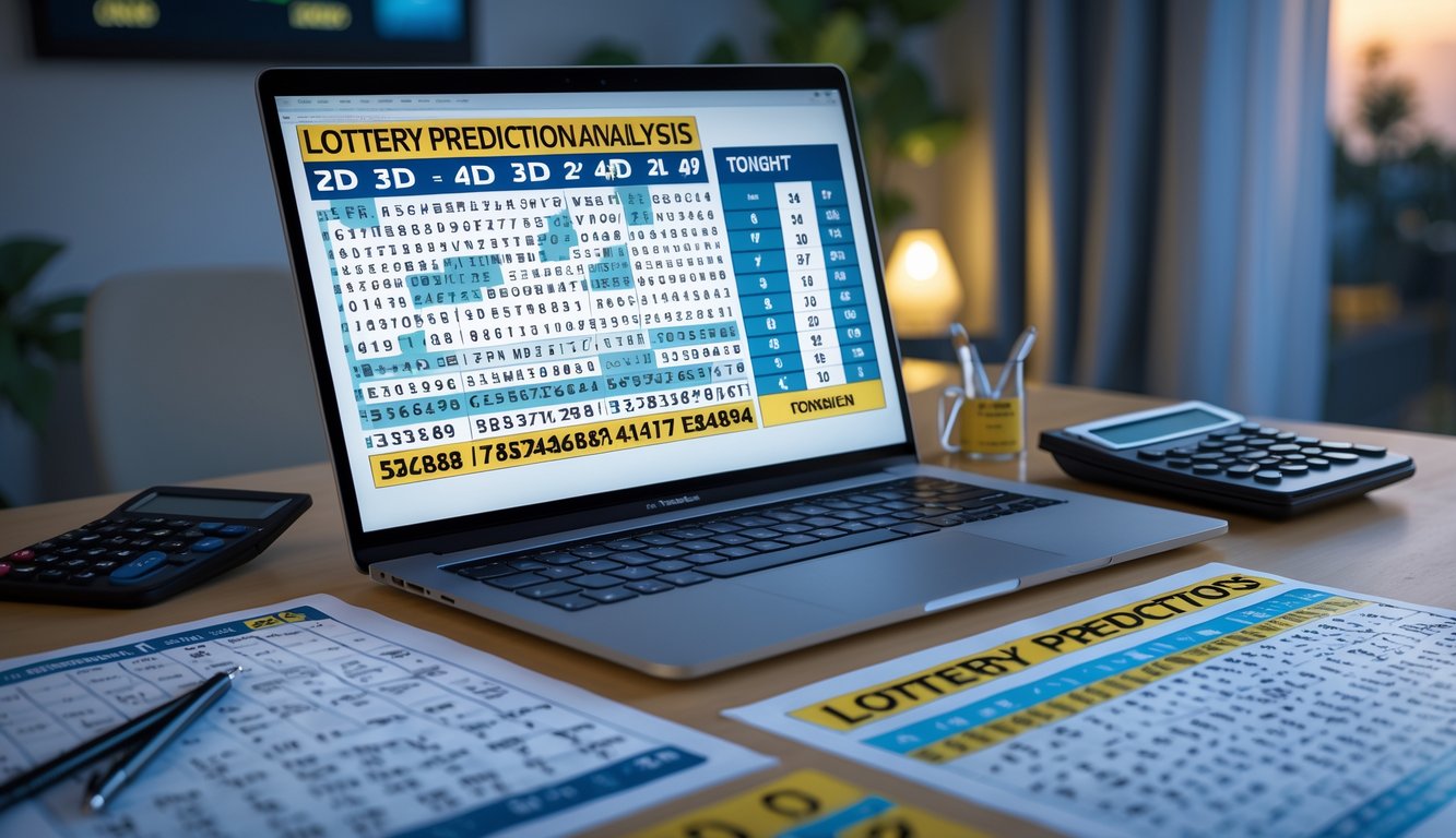 Meja kerja dengan laptop, kertas angka, kalkulator, dan pena yang menunjukkan analisis prediksi togel malam ini.