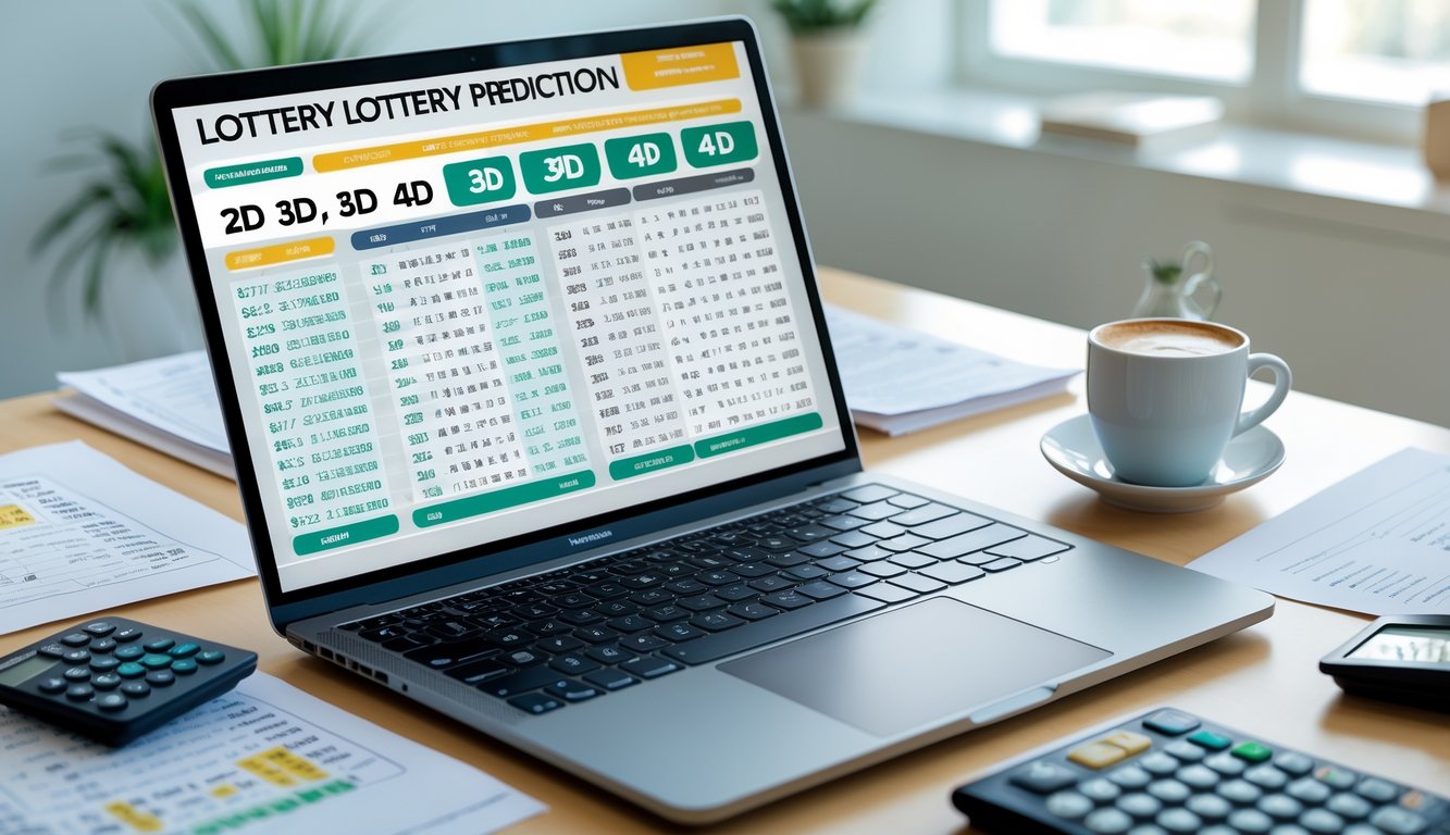 Meja kerja modern dengan laptop yang menampilkan data angka dan grafik, kalkulator, dan secangkir kopi di kantor yang terang dan rapi.