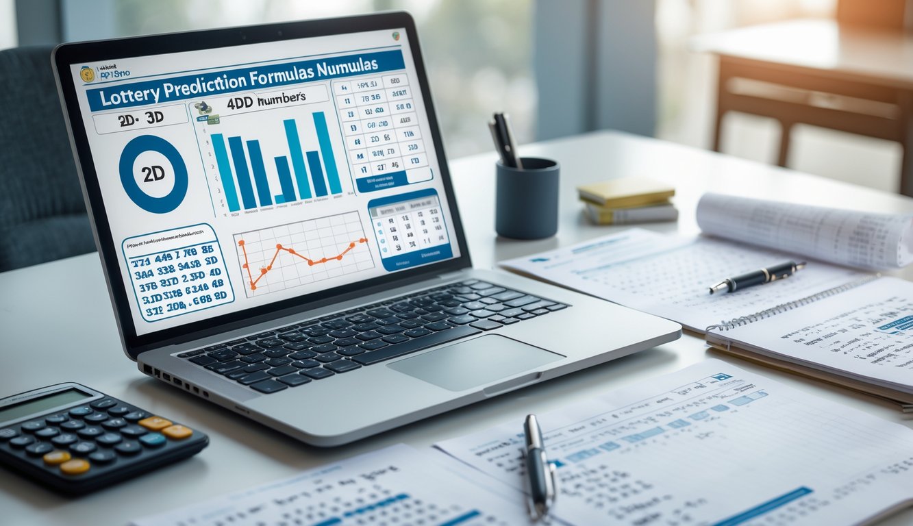 Meja kerja dengan laptop, kalkulator, dan kertas berisi rumus dan grafik untuk prediksi angka togel.