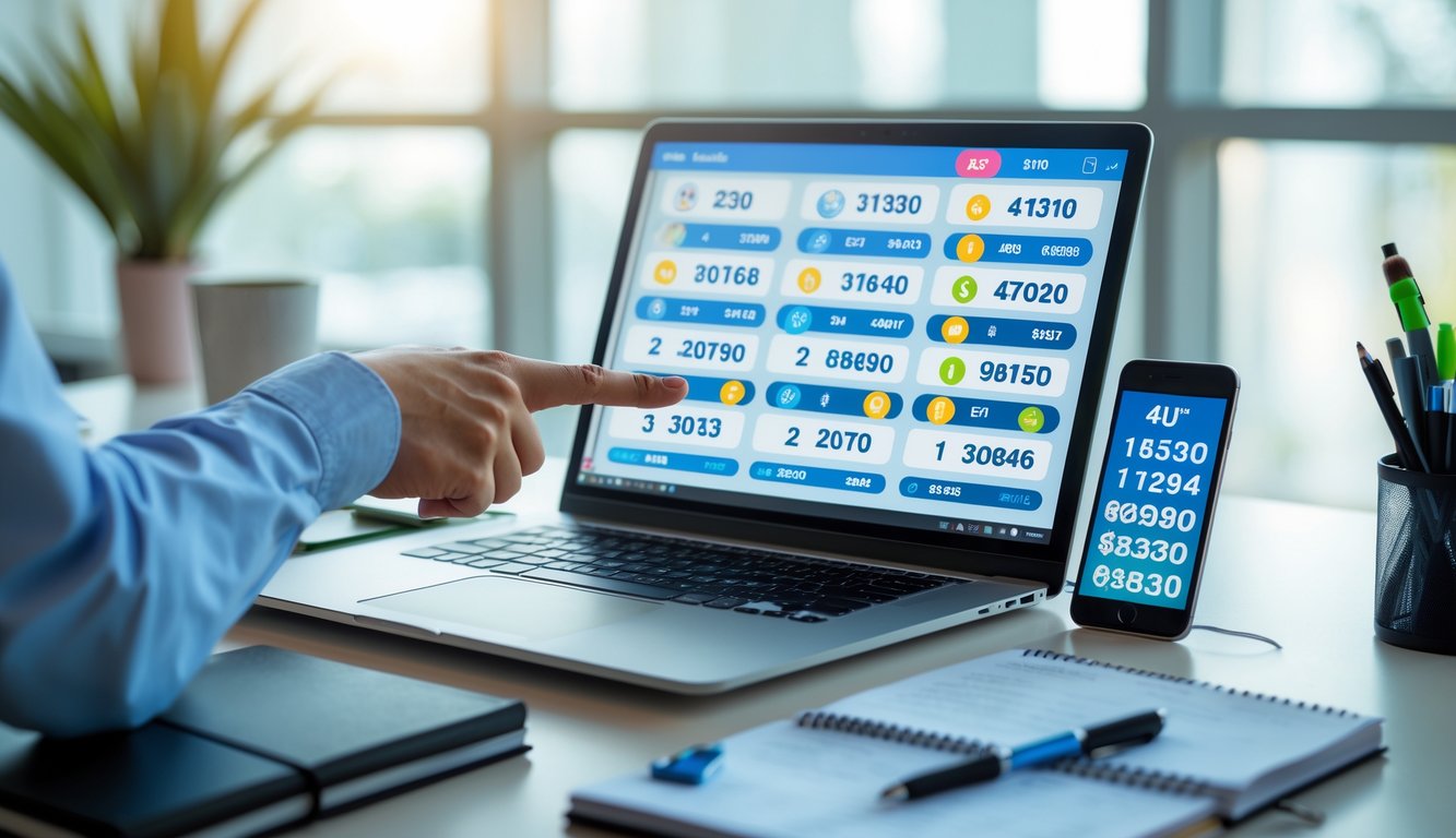 Sebuah meja kerja modern dengan laptop yang menampilkan grafik dan angka prediksi togel, tangan menunjuk ke layar, serta buku catatan dan ponsel di sekitarnya.