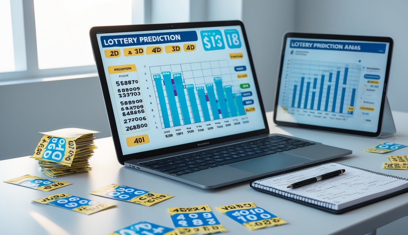 Meja kerja dengan perangkat digital dan tiket lotere yang menampilkan analisis angka prediksi togel.