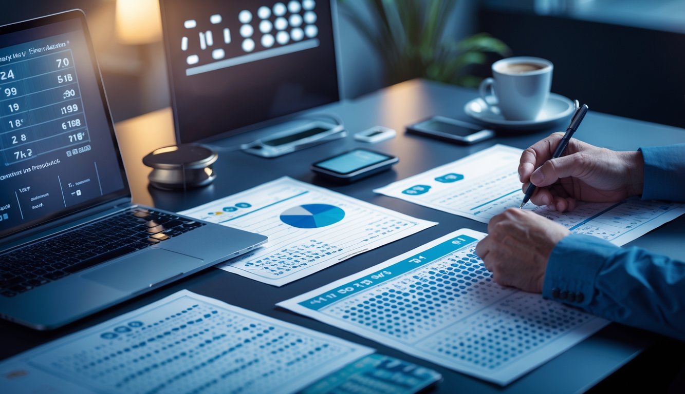 Seorang pria duduk di meja kerja dengan laptop dan kertas berisi angka, menganalisis data di malam hari.