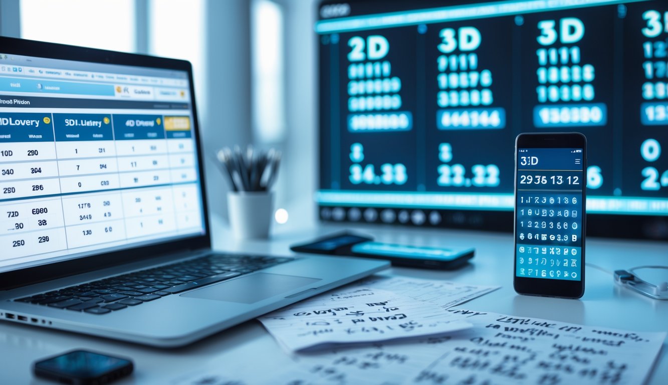 Meja kerja modern dengan laptop, ponsel, dan catatan angka togel, di latar belakang layar digital menampilkan data angka togel 2D, 3D, dan 4D.