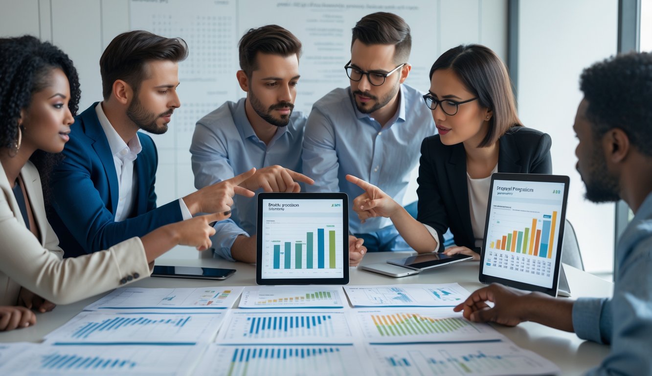 Sekelompok orang sedang berdiskusi dan menganalisis data prediksi togel di sebuah kantor modern.