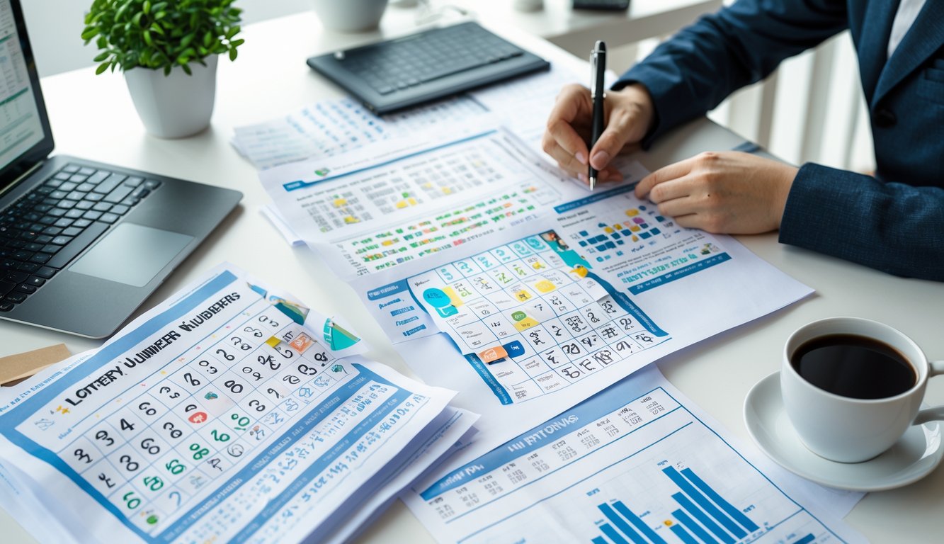 Seseorang sedang menganalisis angka togel 2D, 3D, dan 4D di meja kerja dengan lembaran angka dan laptop.
