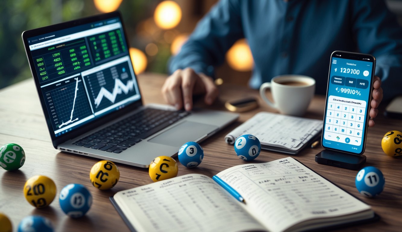 Meja kerja dengan laptop, catatan, dan bola togel yang tersebar, menunjukkan seseorang yang sedang menganalisis dan memprediksi angka togel malam ini.