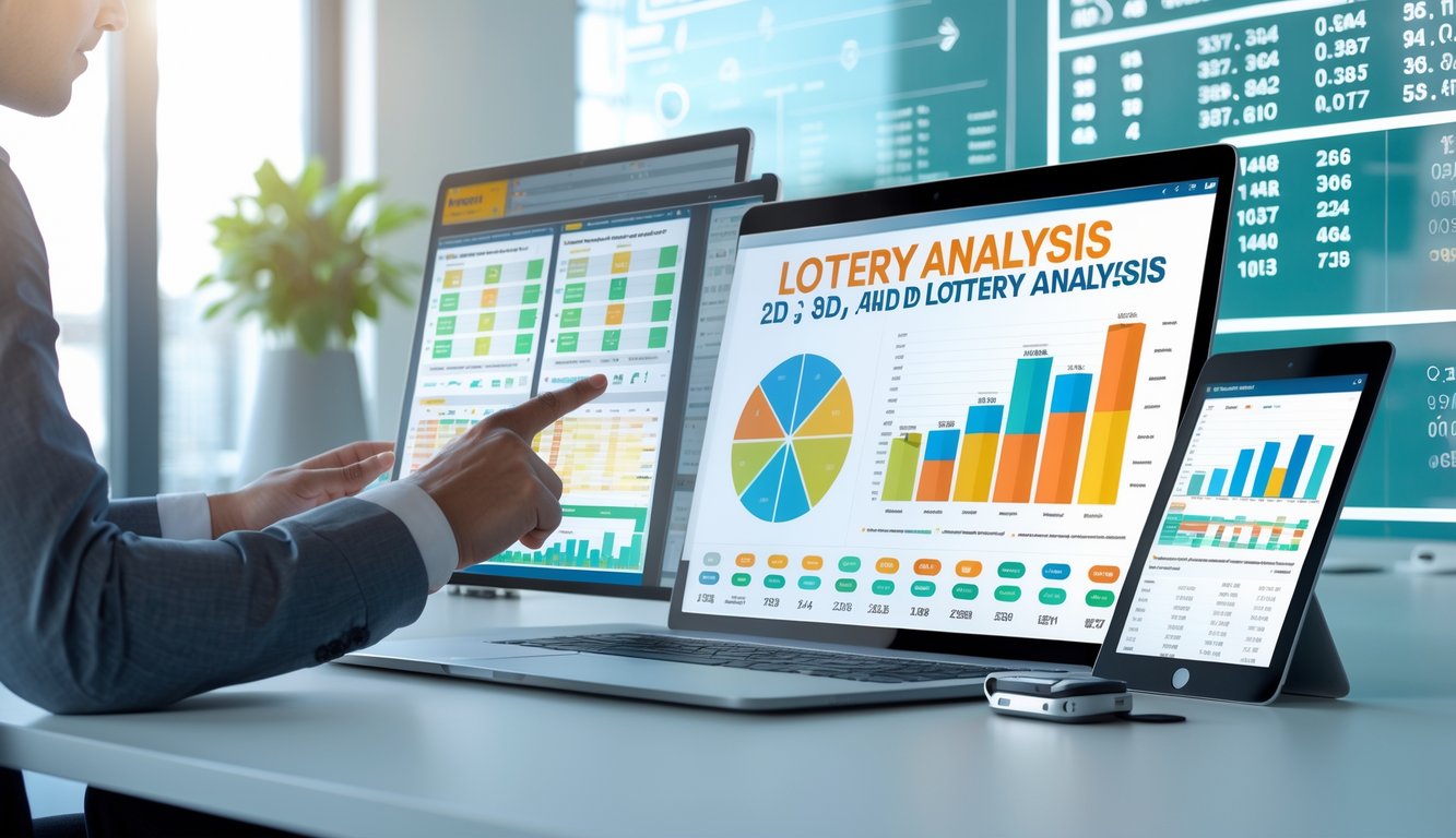 Seorang profesional sedang menganalisis data angka togel di meja kerja dengan laptop dan tablet yang menampilkan grafik dan angka.