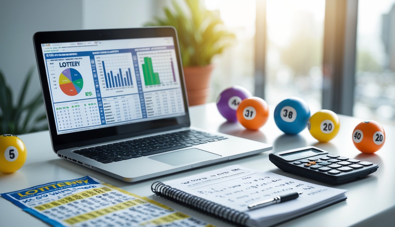 Meja kerja dengan laptop, kalkulator, catatan, dan bola nomor lotre yang digunakan untuk prediksi togel.