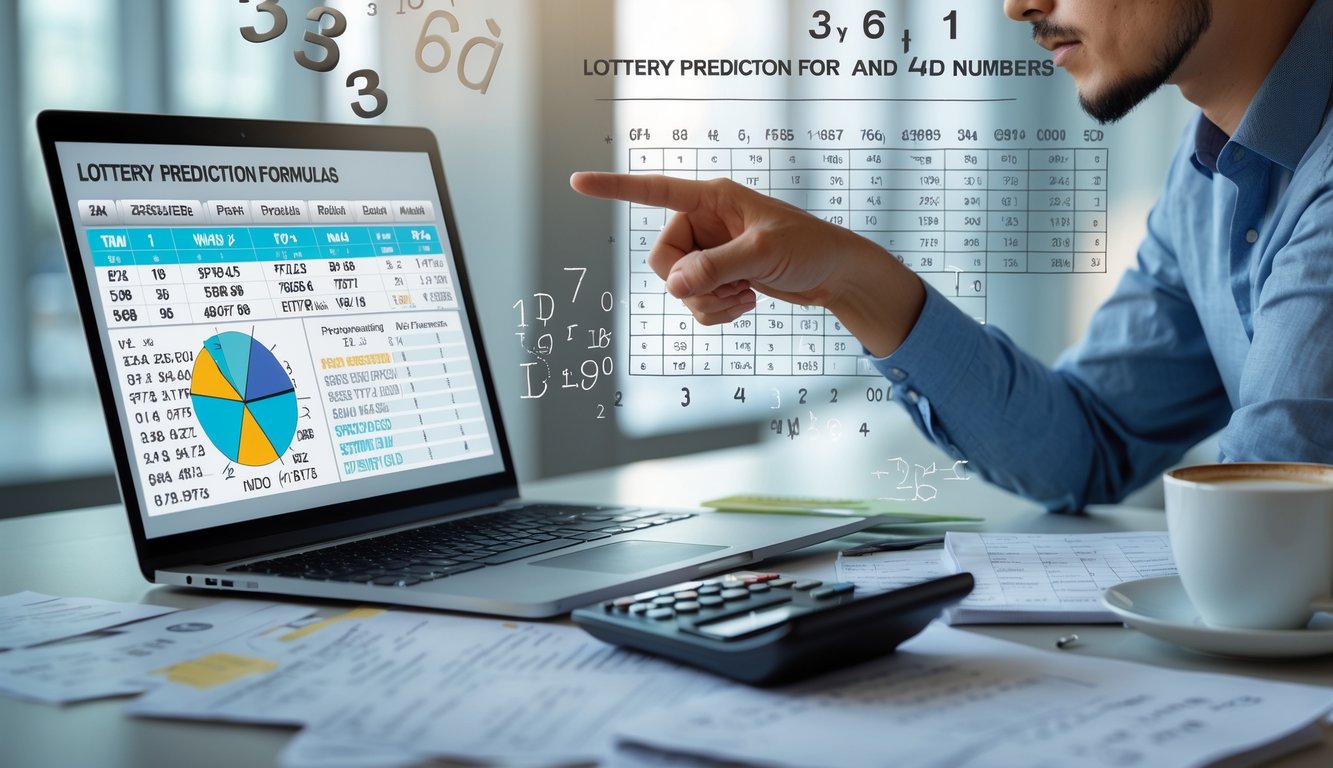 Seorang individu sedang menganalisis rumus prediksi togel dengan laptop, buku catatan, dan kalkulator di meja kerja yang rapi.