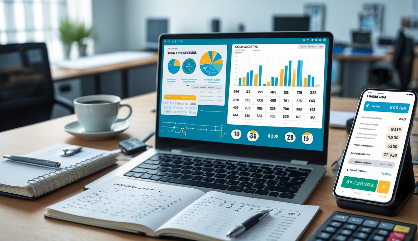 Meja kerja modern dengan laptop, catatan angka, dan smartphone yang menampilkan data dan perhitungan terkait prediksi togel.