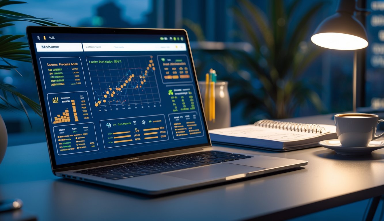 Meja kerja dengan laptop menampilkan grafik angka, buku catatan dengan tulisan tangan, dan cangkir kopi di suasana malam hari.