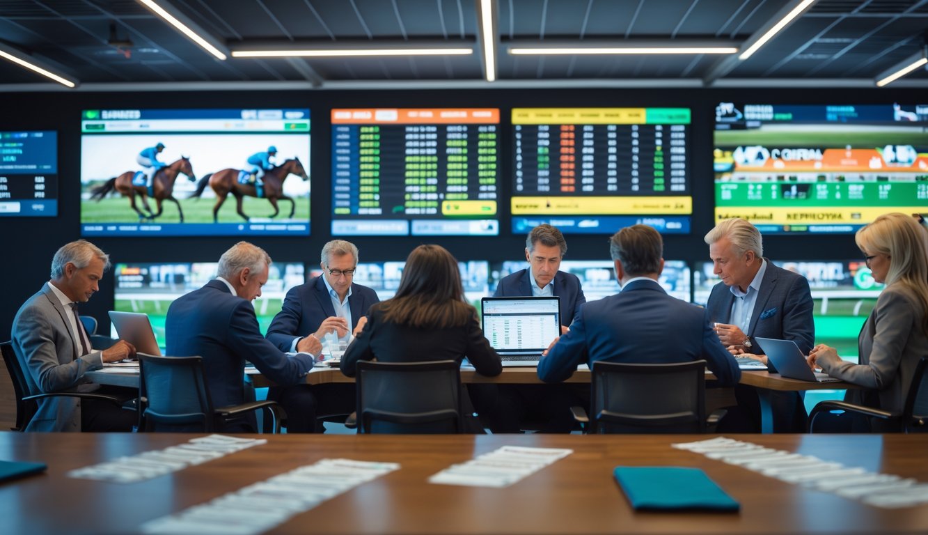 Sekelompok orang dewasa sedang menganalisis data pacuan kuda di ruangan modern dengan layar digital besar dan perangkat elektronik.