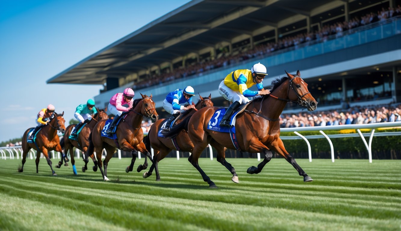 Beberapa kuda pacuan sedang berlari kencang di lintasan hijau dengan joki mengenakan pakaian warna-warni, di depan tribun penonton yang penuh semangat.