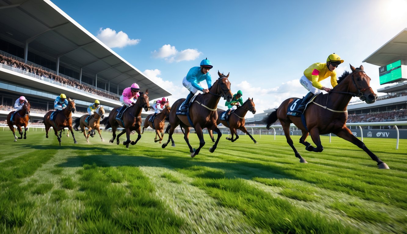 Beberapa kuda pacuan berlari kencang di lintasan hijau dengan joki mengenakan pakaian warna-warni, latar belakang tribun penonton dan layar digital.