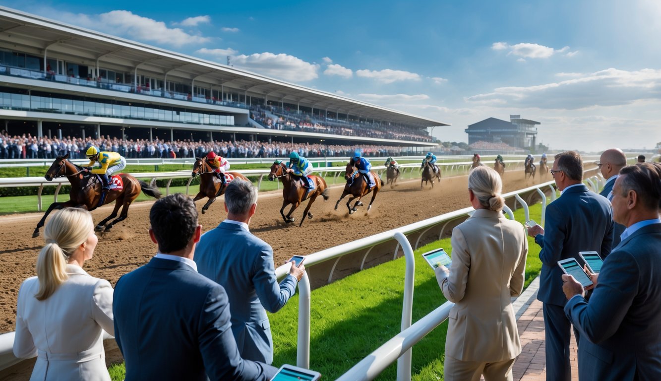 Beberapa orang mengamati balapan kuda di lintasan dengan kuda dan joki yang sedang berlari cepat.