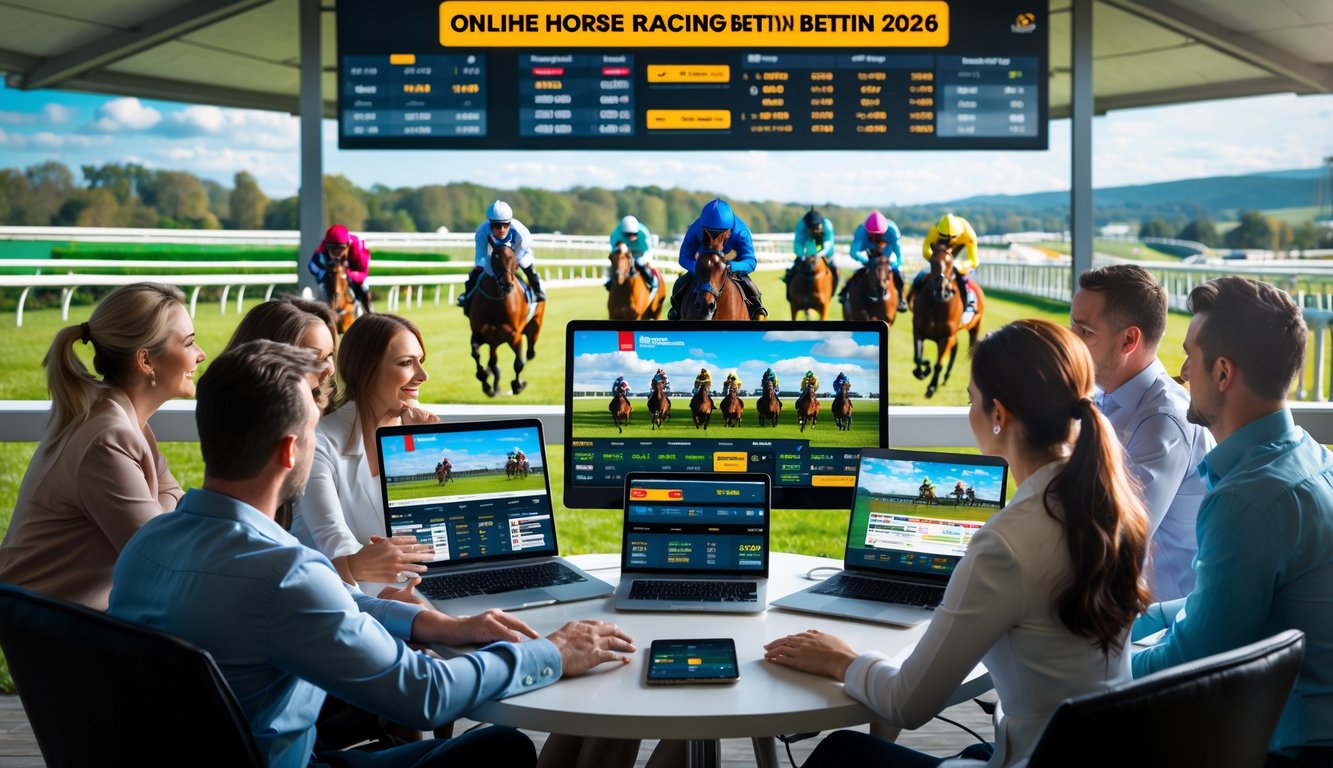 Orang-orang sedang menggunakan perangkat digital untuk bertaruh pada pacuan kuda yang sedang berlangsung di lintasan balap.