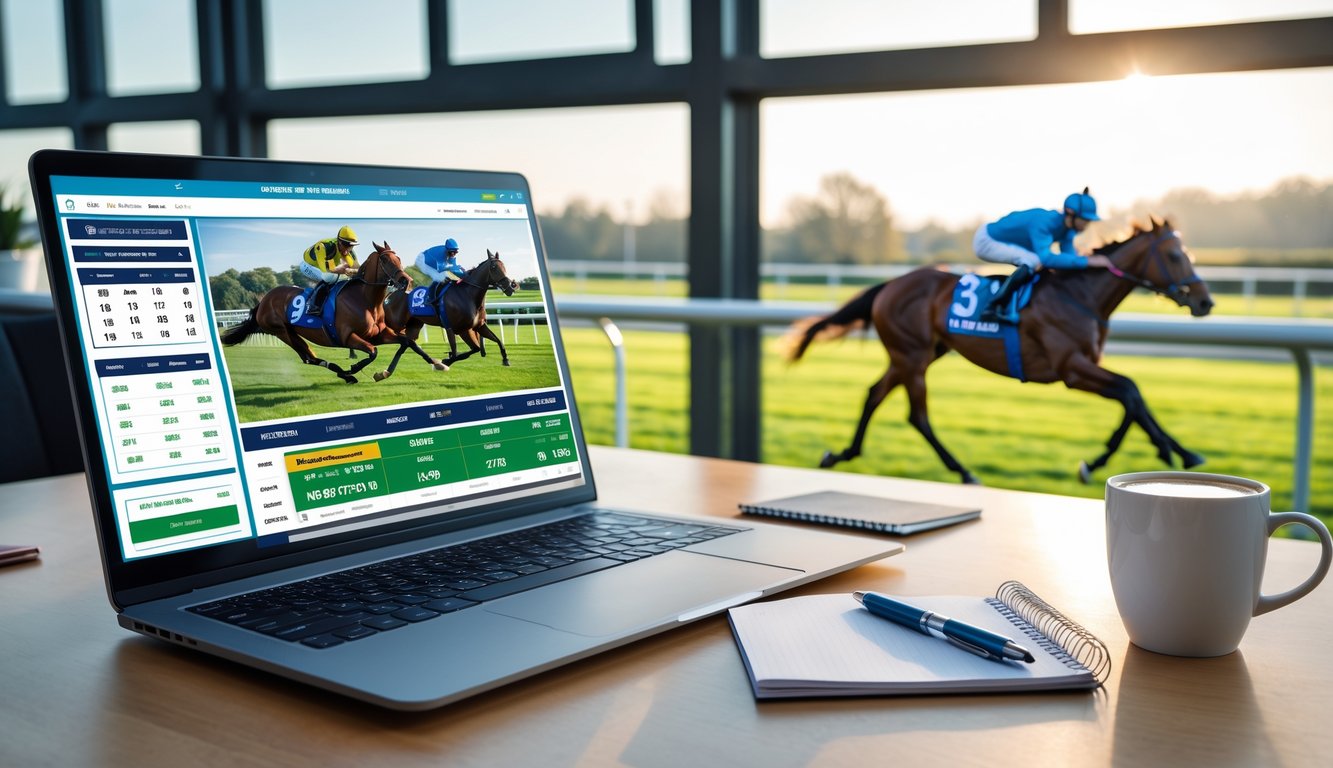Seorang pria duduk di depan laptop dengan layar menampilkan taruhan pacuan kuda online, di latar belakang terlihat balapan kuda yang sedang berlangsung di trek pacuan.
