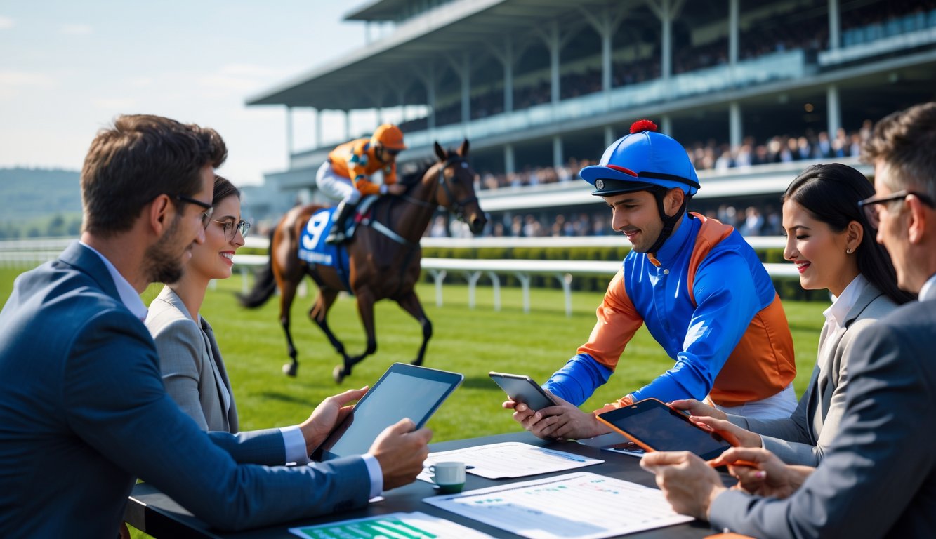 Adegan balapan kuda dengan joki yang sedang berlomba di lintasan dan sekelompok orang yang sedang menganalisis strategi taruhan menggunakan perangkat digital.
