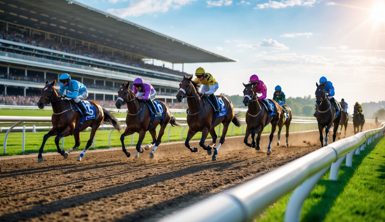 Beberapa kuda pacuan dengan joki sedang berlomba di lintasan pacu dengan tribun penuh penonton di latar belakang.